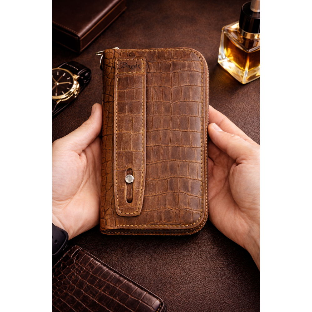 Кожаный клатч-кошелек на молнии коньяк под крокодила