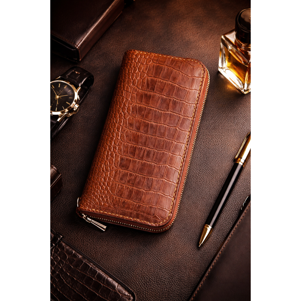 Кожаный клатч-кошелек на молнии коньяк под крокодила