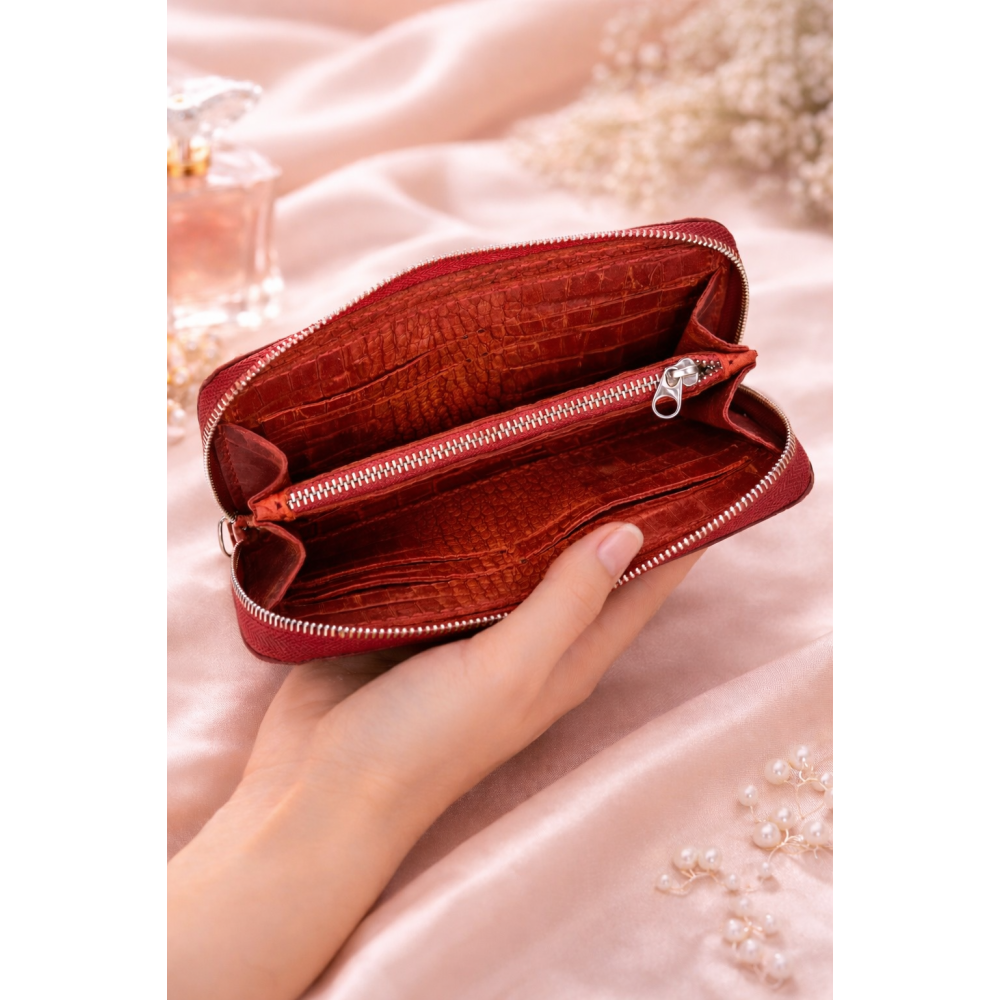 Женский кожаный кошелек-клатч на молнии Crazy Horse красный под рептилию