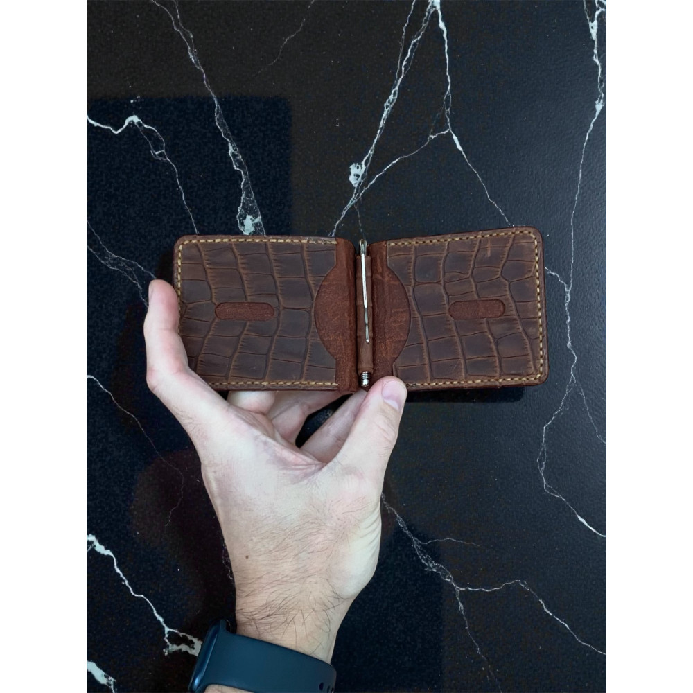 Кожаный зажим для денег Nomad Crazy Horse коньячный под крокодила