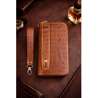 Шкіряний клатч-гаманець на блискавці коньяк під крокодила